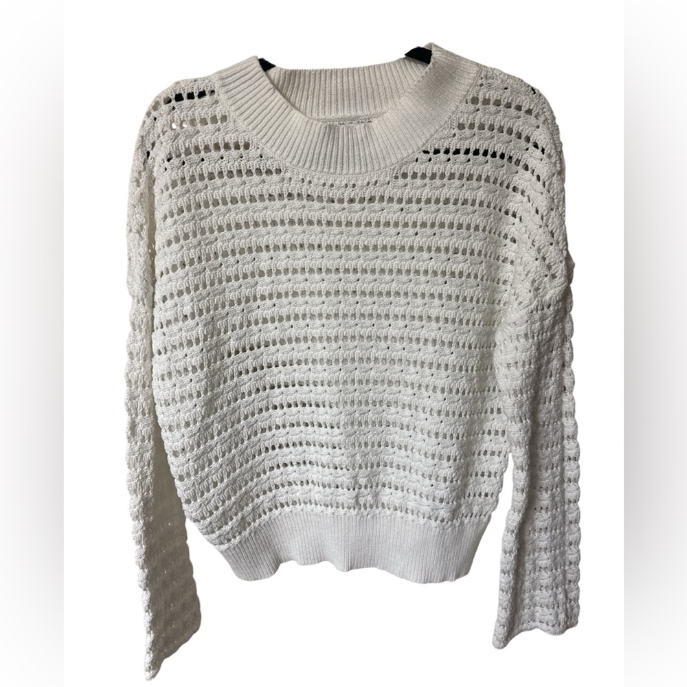 Evereve Open Knit Bell Sleeve White Sweater Coastal Crochet Cotton Womens Medium